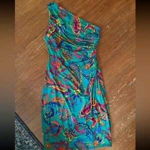 Ralph Lauren Blue Ruched One Shoulder Cocktail Dress